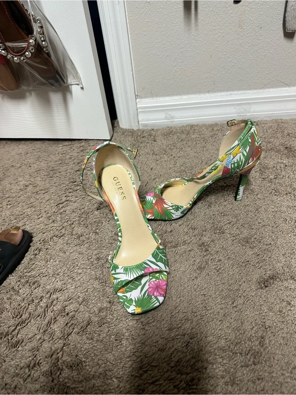 Guess Tropical Floral Open-Toe Heels in Green and Multi